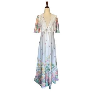 Vintage 70s Floral Maxi Poly Dress Angel Sleeves sz Med Large